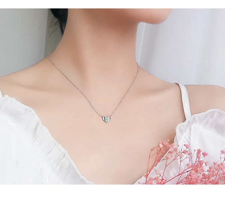 Цепочка до ключицы из серебра 925 пробы ожерелья с радужным сердцем для женщин