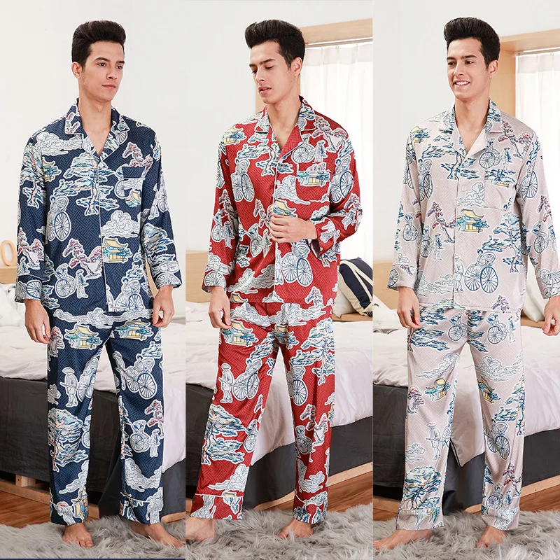 

Smmoloa New Print Button Turn Down Collar Long Sleeves Men Silk Pajama Silk Satin Pyjamas