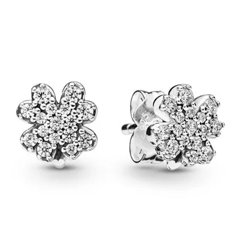 

Authentic 925 Sterling Silver Radiant Four-Leaf Clovers Europe Stud Earrings For Original Women Bead Charm Gift DIY Jewelry