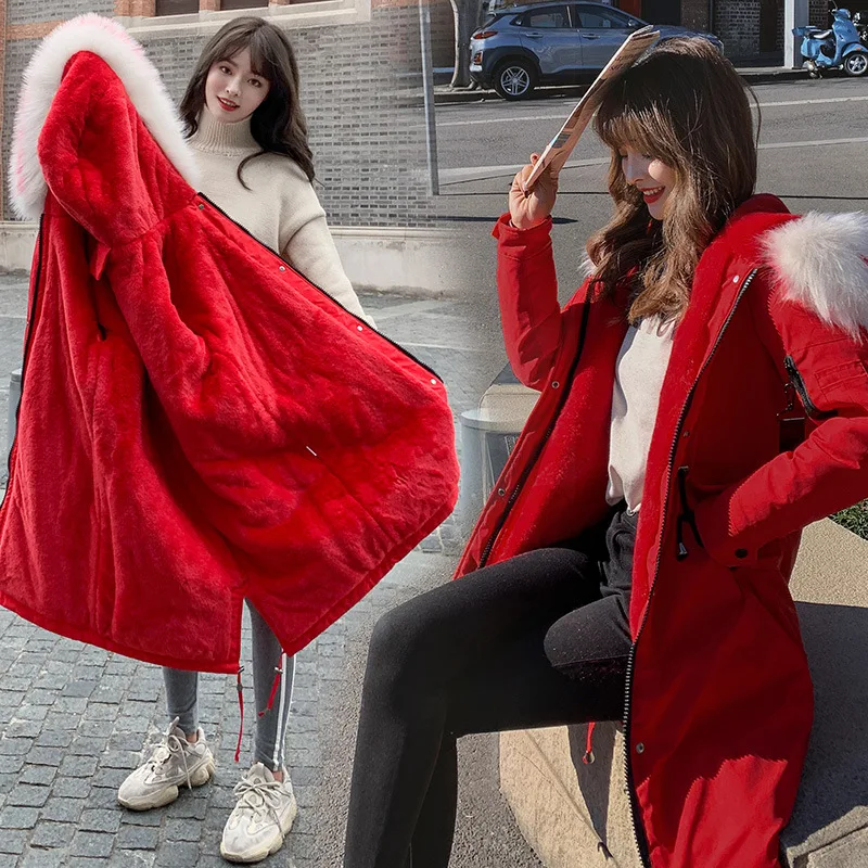 

Women Long Fur Lining Hooded Bakery Oversize Winter Down Coat Heavy Jacket Thick Warm Cotton Padded Wadded Parkas Big Pocket