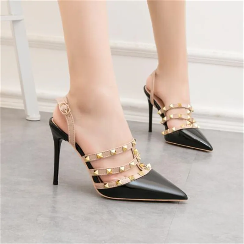2024 New 10CM PUMPS Sexy pointed Roman high heels nightclub was thin rivets female sandals stiletto back empty women's shoes