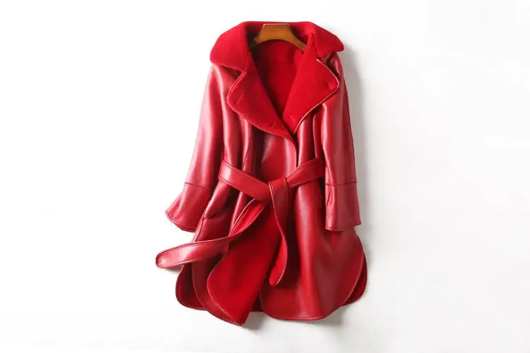 Women New Autumn Winter Real Natural Sheep Shearling Overcoat Sheepskin Jacket Female Double Sided Outwear With Sashes N124