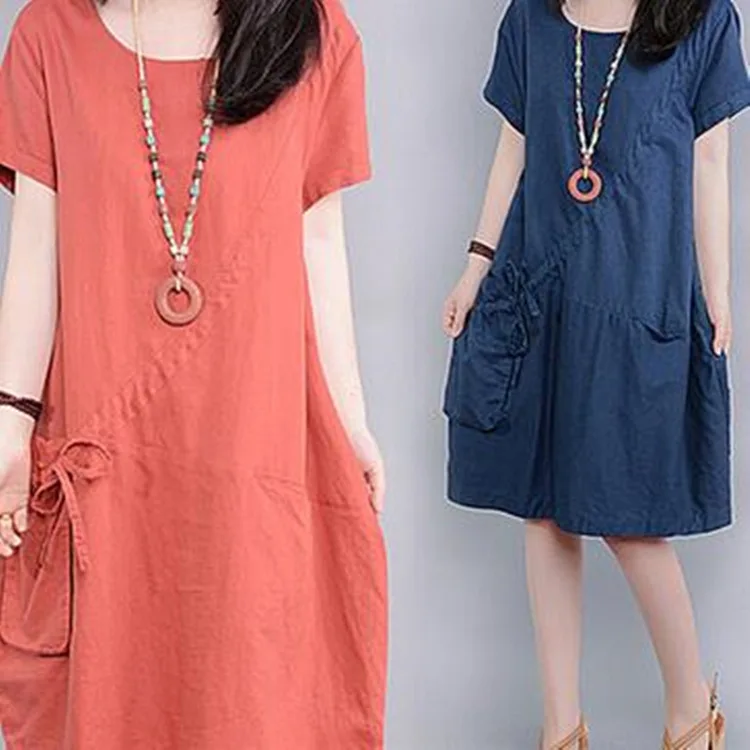 

2016 Summer Wear New Style Pocket Fat Mm Casual Versatile Slimming Medium-length Dress Loose And Plus-sized Cotton Linen Dress