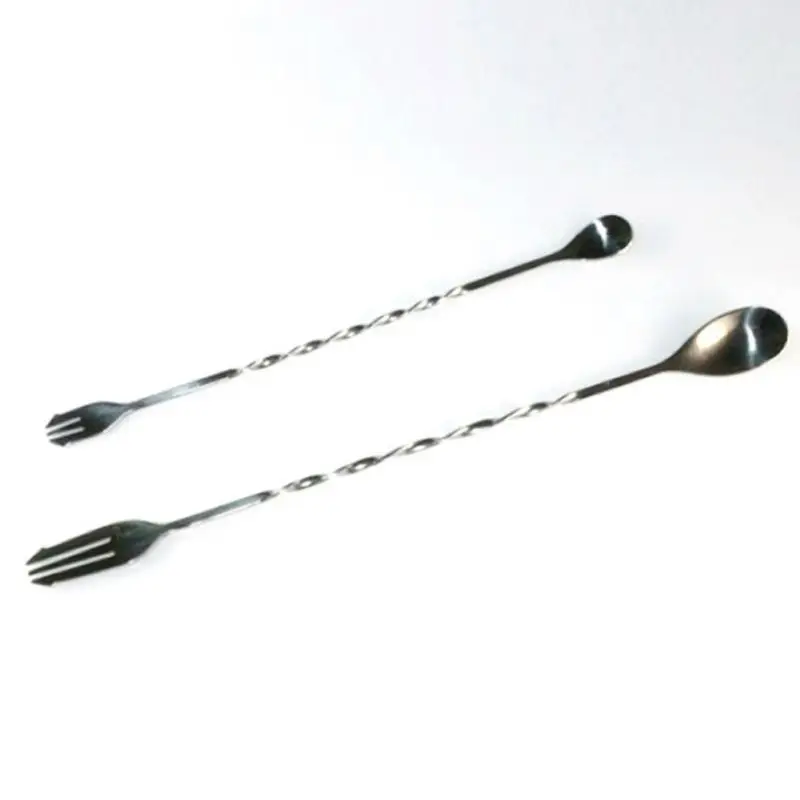 Stainless Steel Double Headed Bar Spoon Fork Cocktail Twisted Mixing Stirring Spoon Fork