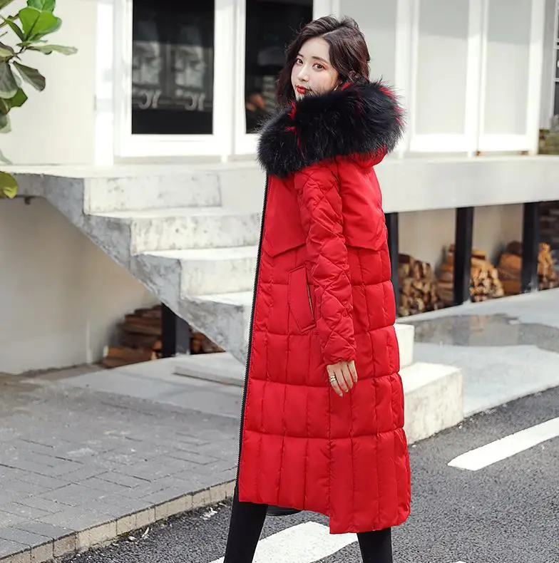 JOJX новая Двусторонняя одежда женская зимняя куртка с меховым капюшоном Длинная стеганая парка Print Женское пальто - Цвет: Красный