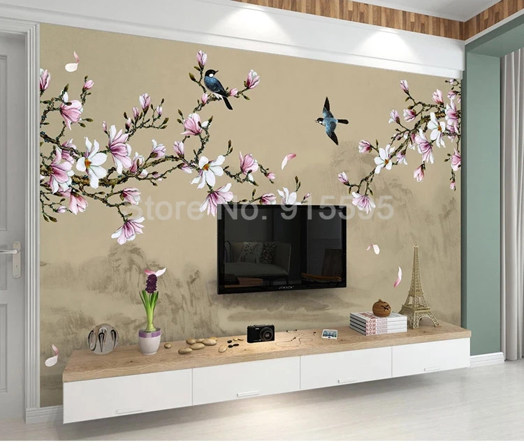 elegante magnólia, flores, pássaros, grande mural, quarto,