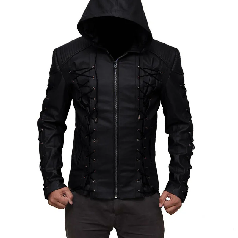 KIOVNO мужские модные кожаные куртки и пальто с шнурком байкерские куртки с капюшоном из искусственной кожи для мужчин