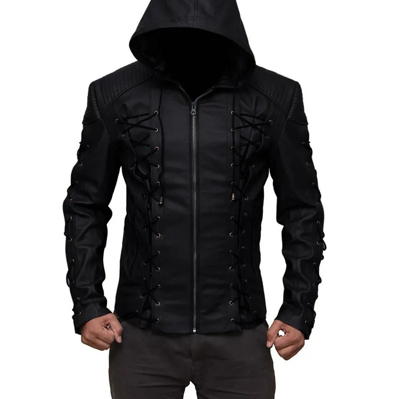 KIOVNO Men Leather Jackets And Coats With Drawstring Biker Faux Leather Hooded Jackets Coats For Male  (3)