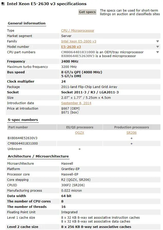 Intel ЦП Xeon E5-2630V3 SR206 2,40 ГГц 8 ядер на расстоянии до 20 м LGA2011-3 E5-2630 V3 процессор E5 2630V3 E5 2630 V3 SR206 X99