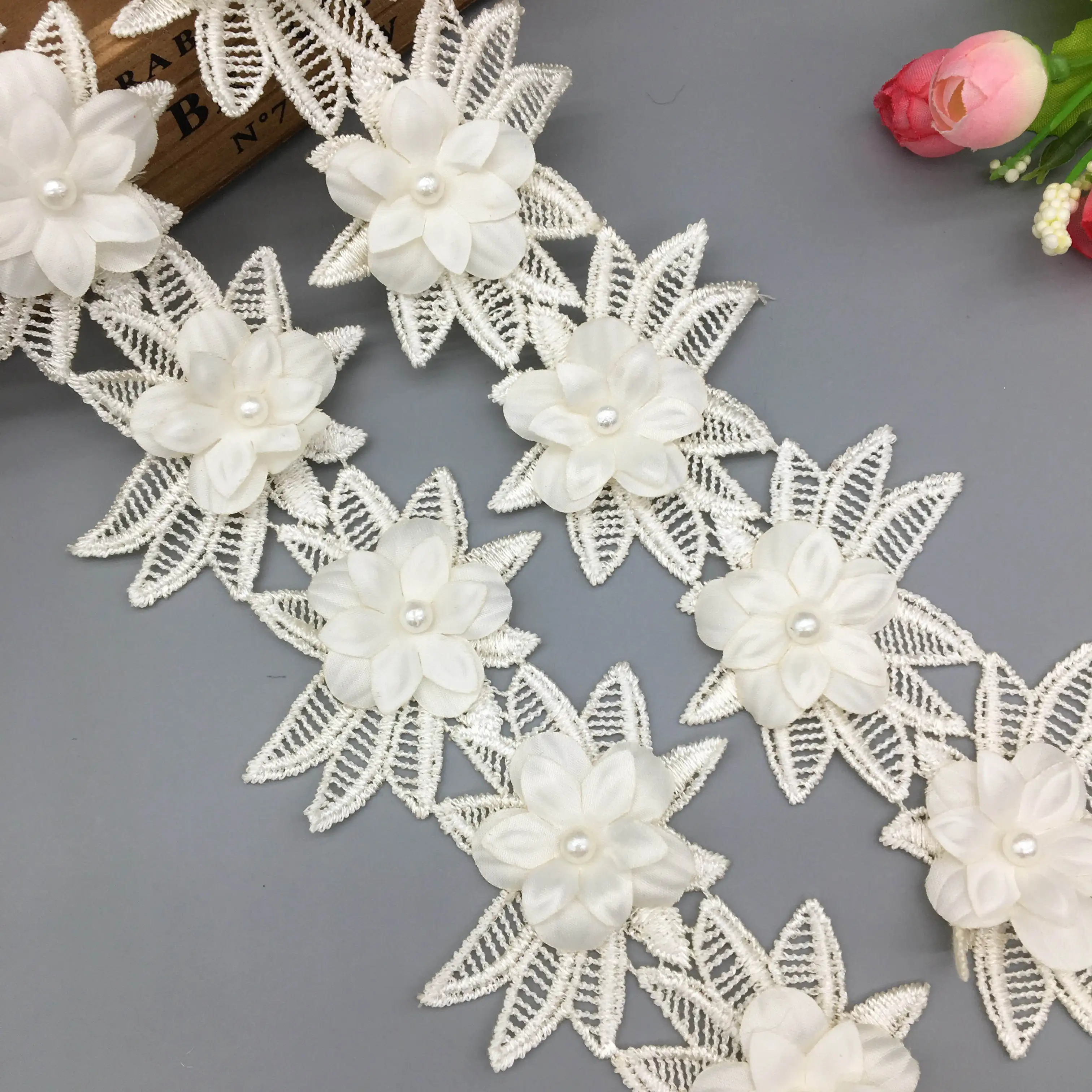 1 yard 6cm Apricot Pearl Flower Embroidered Lace Trim Ribbon Floral Applique Fabric Handmade DIY Wedding Dress Sewing Craft | Дом и сад
