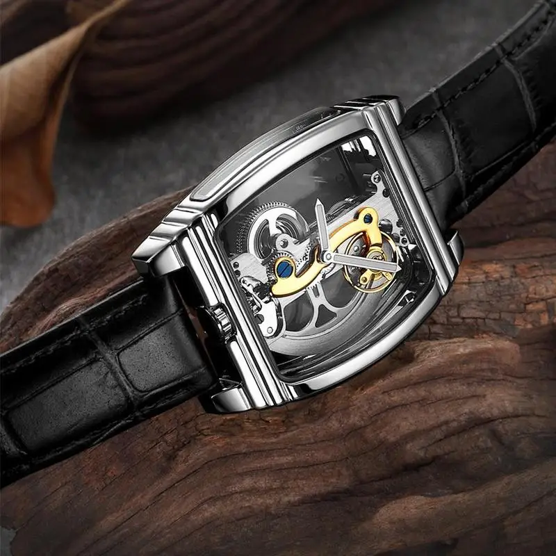 Мужские классические часы с мостом маховика роскошные механические часы с кожаным ремешком