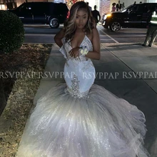 Длинное блестящее сексуальное платье русалки для выпускного вечера es с v-образным вырезом, украшенное кристаллами, черное платье для выпускного вечера из тюля в африканском стиле