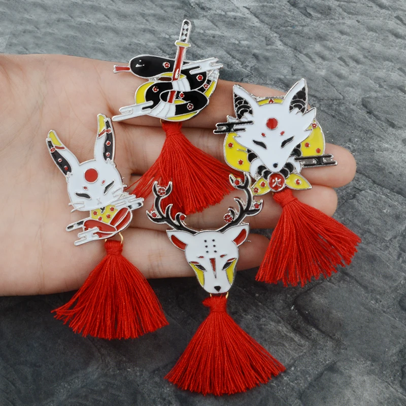 

Geki ninja mask pin Japanese Deer Rabbit Snake Fox enamel pins brooches badges Red Tassel Lapel pin Cute animal jewelry gift
