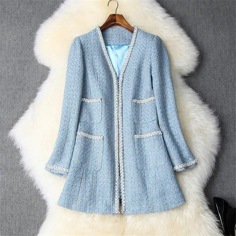 High Quality Winter Tweed Woolen Coats Women Runway V Neck Luxury Diamonds Long Wool Blend Outerwear