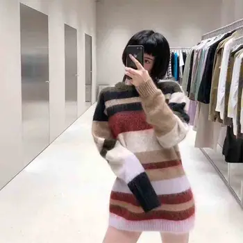 

Women Sweater 2019 Autumn and Winter New Mohair Loose Round Neck Pullover Color Rainbow Striped Sweater