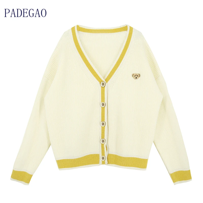 

Women Cardigan Beige yellow 2020 Design Sweater Girls V-Neck Popular Soft Solid color Kawaii Young Preppy style Aesthetic Coat