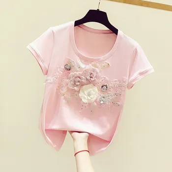 

Floral Tshirt Women 2020 Summer Wear New Sweet Stereo Flower Embroidered Sequin Short Sleeve T-shirt Girls Students Pink T Shirt