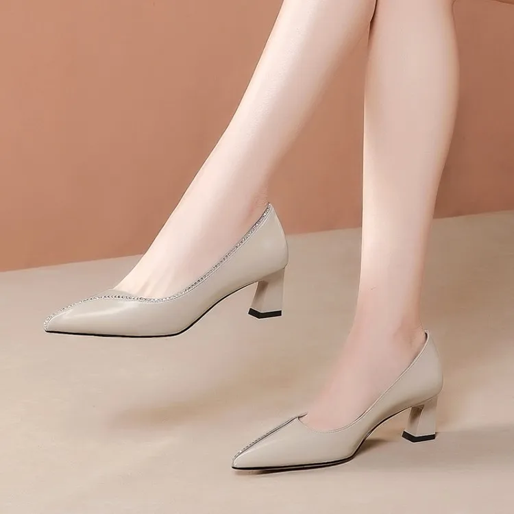 

Spring And Autumn Western Style Pointed-Toe Full-grain Leather Chunky Semi-high Heeled Low-Cut Tendon Outsole Elegant Versatile