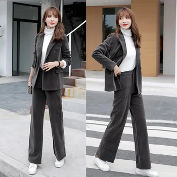 

New Autumn Winter Womens Tops and Blouses Blazer Set Lady Office Suit Thick Velvet Warm 2 Pieces Sets Full Sleeve Long Pants