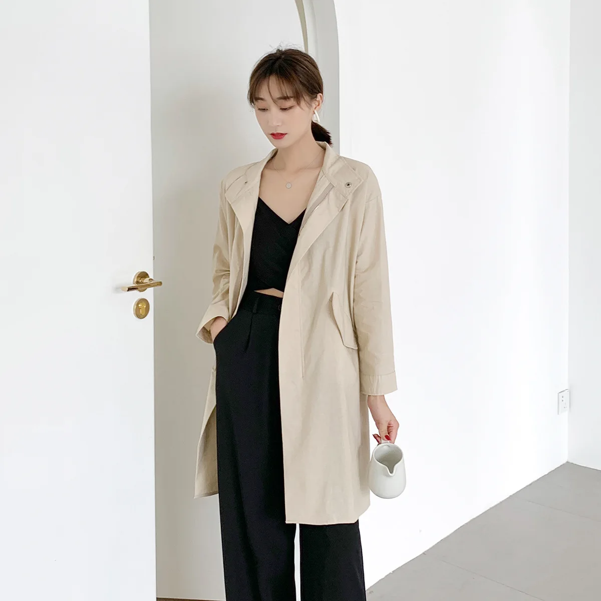 Back Corset Lanyard Washed Cotton Mid-length Trench Coat Autumn And Winter New Style Korean-style WOMEN'S Wear Large Size C