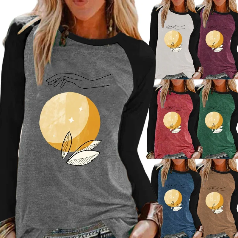 

Autumn Women's Fashion Casual Round Neck Loose Printing Long-sleeved Shirt Raglan Sleeves Plus Size T Shirt XS-5XL
