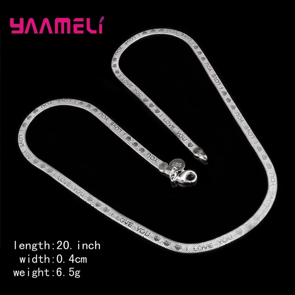 Good Quality Flat Smooth Real 925 Sterling Silver Snake Chain Necklace For Women Romantic I Love You Words Link Genuine Jewelry