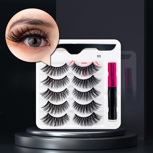3/5/7Pairs Magnetic Eyelashes False Lashes Repeated Use Eyelashes Waterproof Liquid Eyeliner With Tweezer Makeup Set