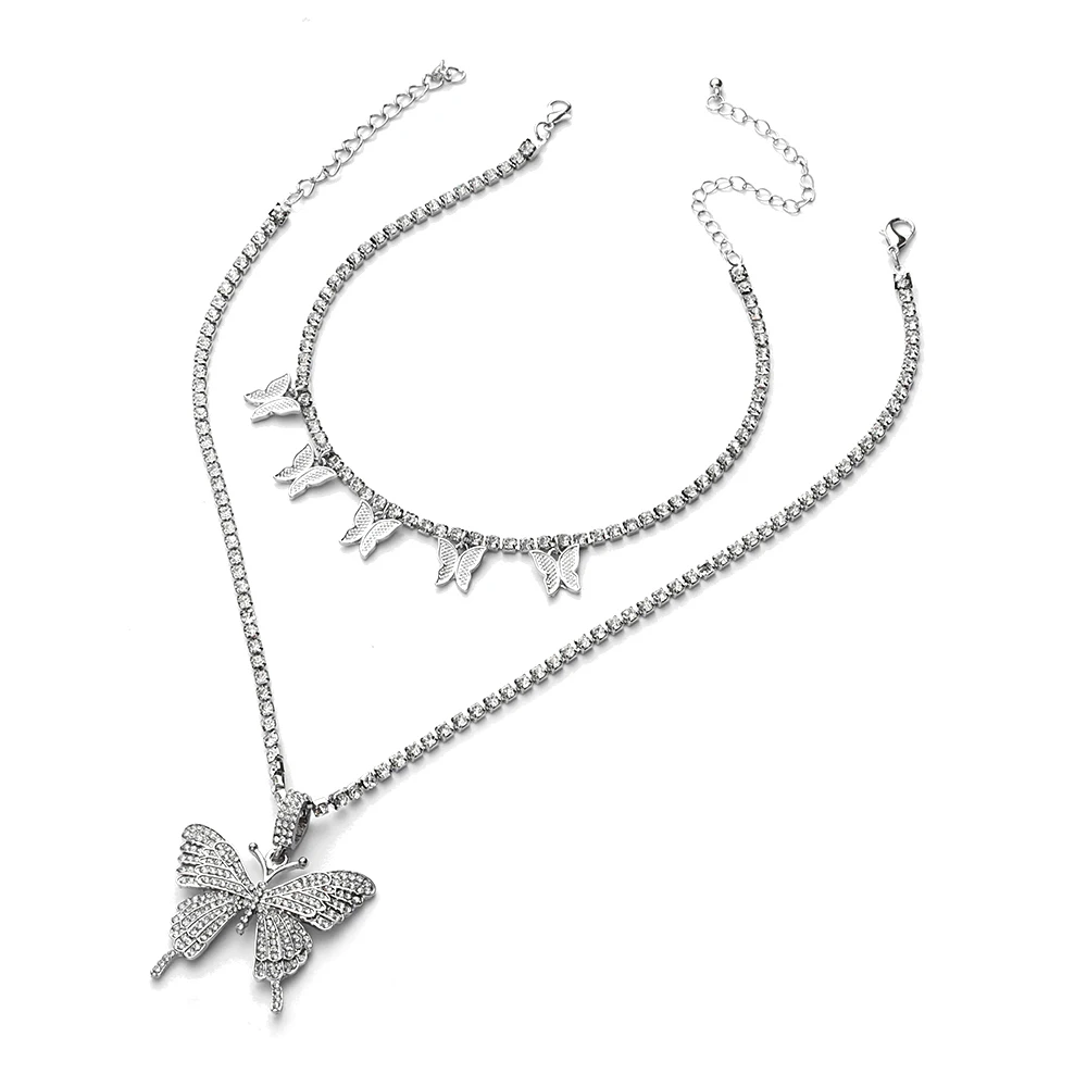 Layered Butterfly Necklace Chain Set Luxury Rhinestones Choker Women Jewellery Pendant Statement Fashion Jewelry Bulk Wholesale - Image 3