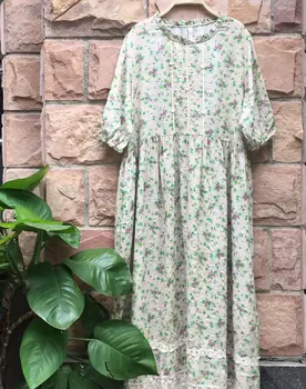 

Dress summer 2020 mori girl loose cotton linen dress O neck floral dress