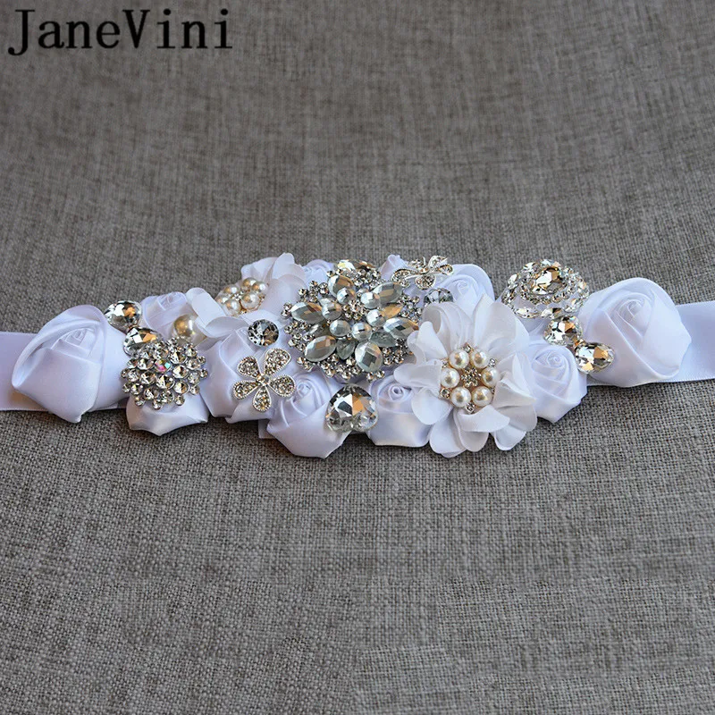 JaneVini Jewelled Rhinestone Belt for Wedding Dress Women Belts Pearl Satin Ribbon Sash Crystal Belt Bridesmaid Bride Waistband