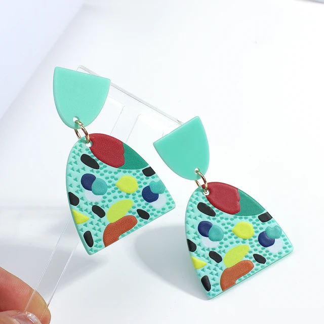 Handmade Polymer Clay Geometric Drop Colorful Earrings 11