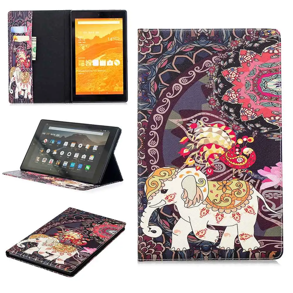 Чехол для Amazon Kindle Fire HD 10 с принтом из искусственной кожи, флип-чехол, умный чехол для Kindle Fire HD 10, чехол для планшета - Цвет: Flower Elephant
