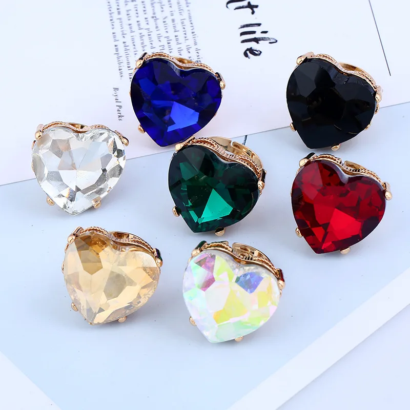 Exaggeration Big Heart Love Shiny Zircon Metal Adjustable Personality Hip Hop Couples Ring for Women Girls Party Jewelry Gifts