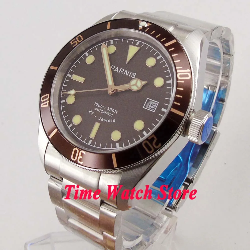 Мужские светящиеся часы PARNIS Miyota 21jewels 10ATM с коричневым циферблатом и