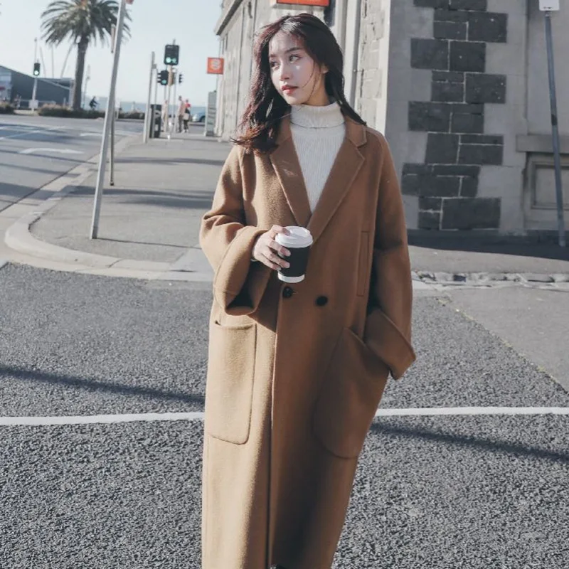 Photo Shoot South Korea INS Caramel Elegant Revers da xiu kou Wool Coat Female Suit Collar over-the-Knee Ol Overcoat