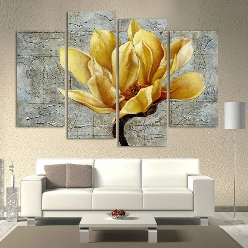 

Fashion Unframed Abstract Painting 4 Panels Gold Flower Modern Oil Painting On Canvas Wall Art Gift Top Home Decoration