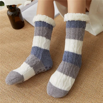 

New Winter Thick Socks Women Warm Sleep Socks Slippers Sock Girls Stripe Print Quality Non-slip Warm Half Tube Kawaii 2020