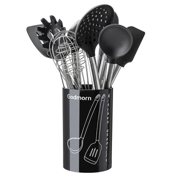 

New Silicone Kitchen Cooking Set Stainless Steel Cooking Set with Plastics Holder Egg beater Colander Soup spoon Kitchen Accesso