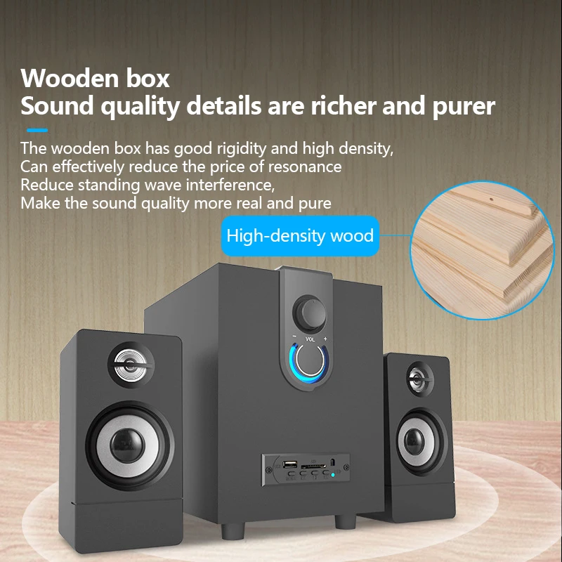 2.1 Active Wooden Multimedia Bluetooth Speakers Subwoofer Computer for Desktop PC Accessories Home Office