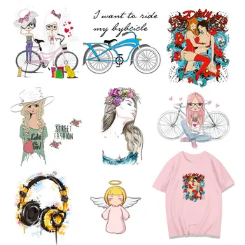 

Girl Iron on Patches for Clothing DIY T-shirt Dresses Appliques Heat Transfer Bicycle Stickers Stripes on Clothes Thermal Press