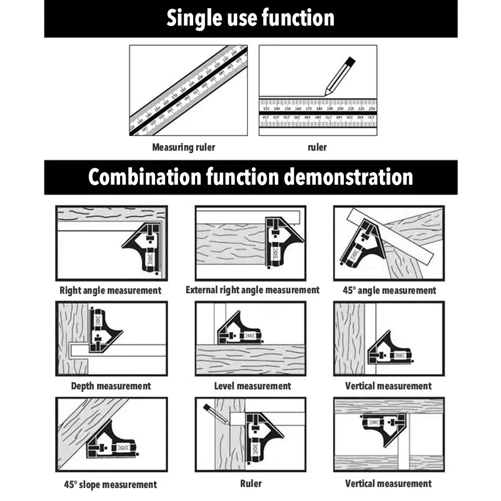 Combination Square Angle Ruler Multifunctional Stainless Steel Combo Square Carpentry Tools Carpenter Square Metal Ruler Framing 5