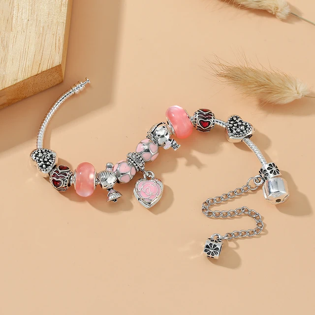 Seialoy NEW Pink Peach Charm Bracelets For Women Girls DIY Fashion  Butterfly & Owl Beads Silver