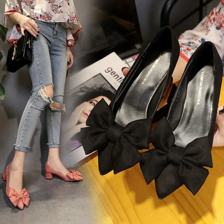 

2017-2 Versatile Sweet Bow Shoes Shallow Mouth Pointed-Toe Solid Color in Chunky-Heel Elegant Women's