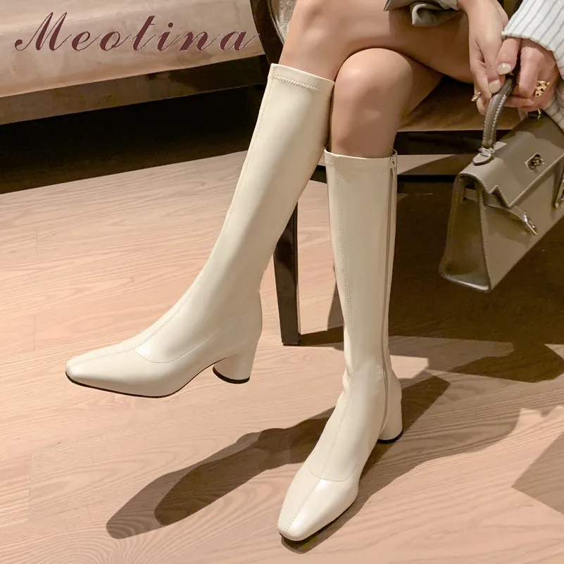 

Meotina Knee High Boots Women Shoes Square Toe Chunky Heels Ladies Boots Zipper Mid Heel Long Boots Autumn Winter Black White