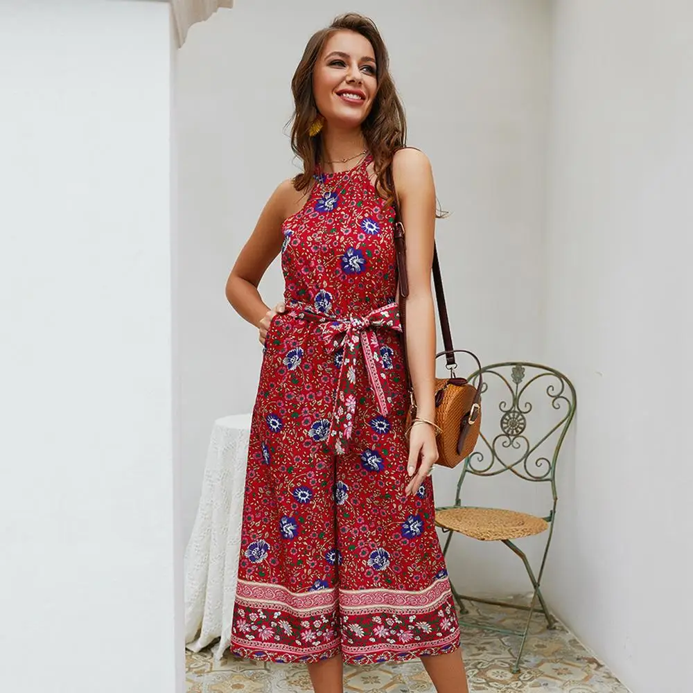 Женский комбинезон, женский комбинезон, пляжный, летний, шифон, Halterneck, Boho, модные, вечерние, без рукавов, цветочный принт, на каждый день