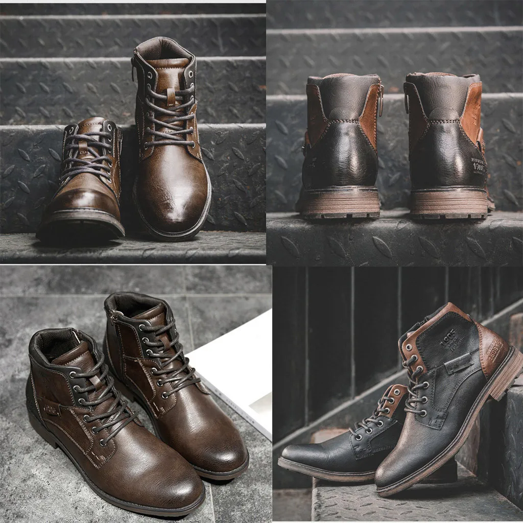 Fashion Retro Ankle Leather Men Boots High-Top Side Zipper Tooling Black Brown Boots Outdoor Desert Boots Fashion Men Shoes Nov6