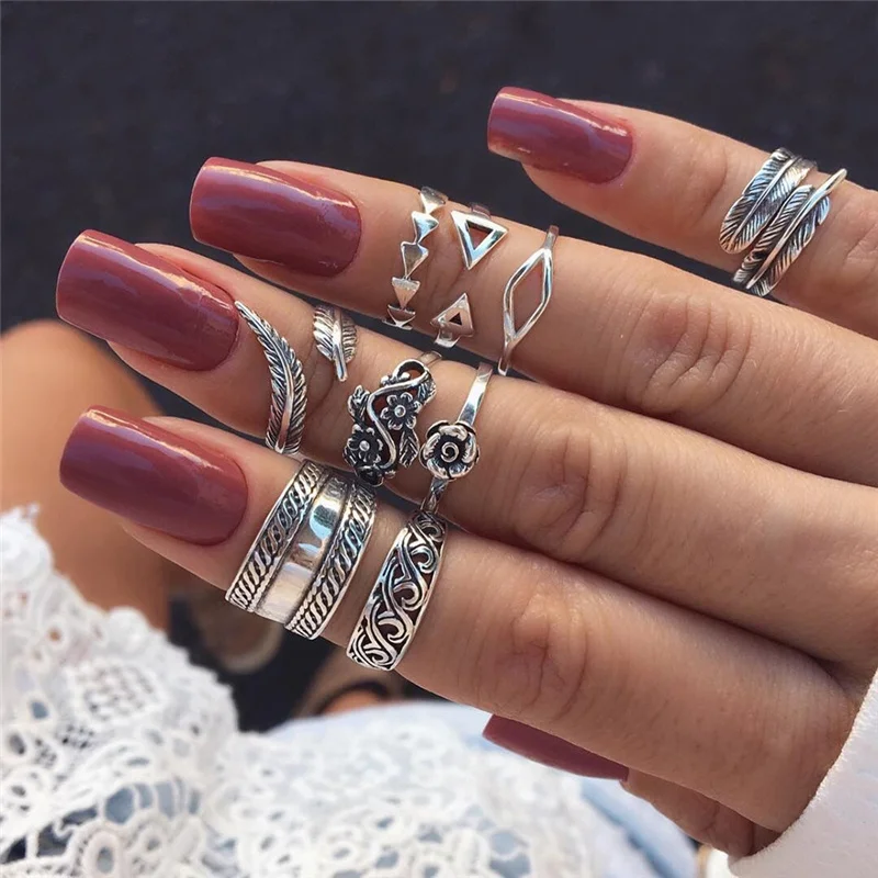 

9 Pcs/set Vintage Silver Arrow Leaf Flower Carved Knuckle Rings Set For Women Bohemia Hollow Geometric Rings Anillos Mujer