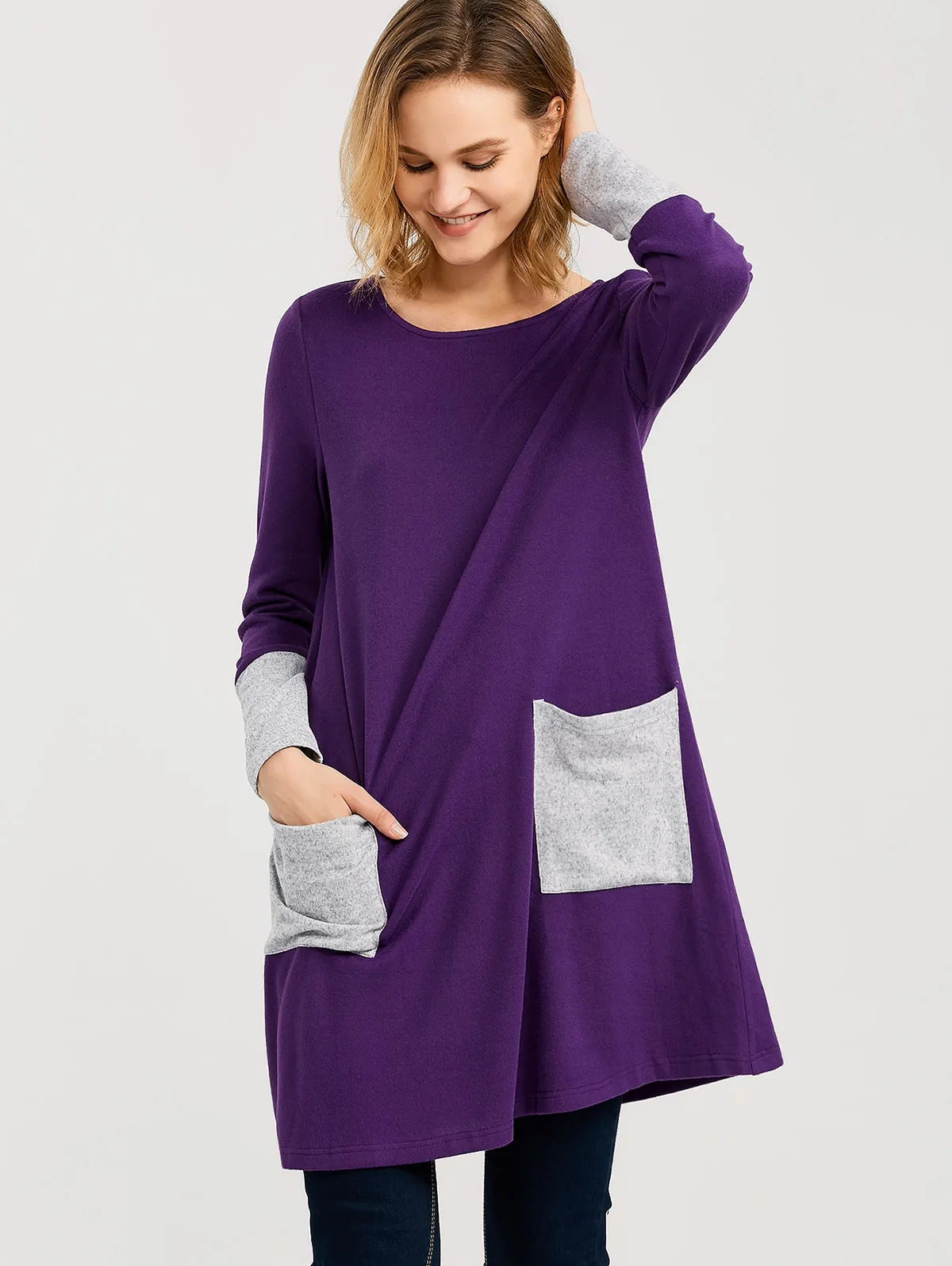 

ROSEGAL Women Solid Pockets Design Longline T-Shirt T Shirt Loose Fitting Color Block Scoop Neck top Fall Spring 2019