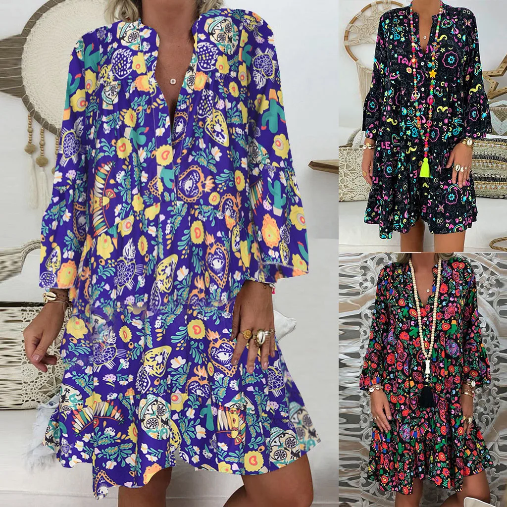 

2019 New Women Summer Print Dress Plus Size Loose Long Sleeve V-Collar Button Mini Dress Multi Color Draped Boho Dress