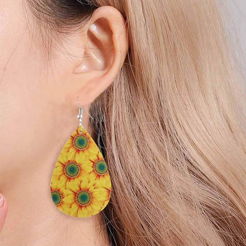 gift boho jewelry leather earrings,hand tooled,western jewelry,sunflower USA 